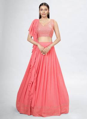 Coral Embroidered Georgette A-Line Lehenga With Blouse Up To 42" Size 1