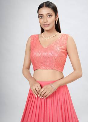 Coral Embroidered Georgette A-Line Lehenga With Blouse Up To 42" Size 2