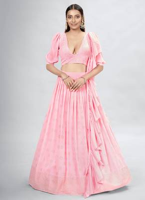 Light Pink Embroidered Georgette A-Line Lehenga With Blouse Up To 42" Size 1