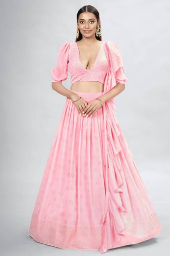 Light Pink Embroidered Georgette A-Line Lehenga With Blouse Up To 42" Size