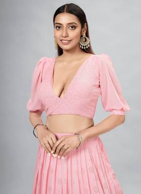 Light Pink Embroidered Georgette A-Line Lehenga With Blouse Up To 42" Size 2