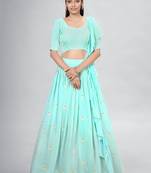Aqua Blue Embroidered Georgette A-Line Lehenga With Blouse Up To 42" Size