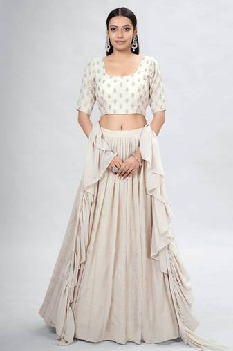 Beige Embroidered Georgette A-Line Lehenga With Blouse Up To 42" Size