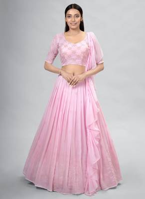 Pink Embroidered Georgette A-Line Lehenga With Blouse Up To 42" Size 1