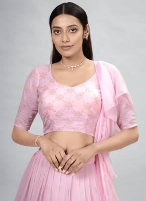 Pink Embroidered Georgette A-Line Lehenga With Blouse Up To 42" Size 2