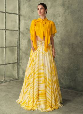 Mustard Tie-Dye Georgette Lehenga With Crop Top Up To 42" Size 1
