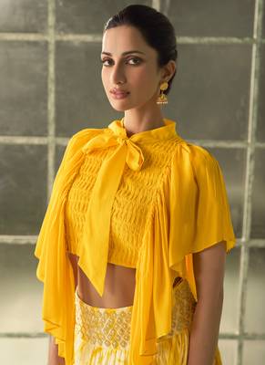 Mustard Tie-Dye Georgette Lehenga With Crop Top Up To 42" Size 2