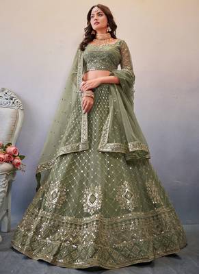 Sage Green Net Silver Zari Embroidered Lehenga Choli Set - Semi Stitched 1