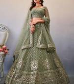 Sage Green Net Silver Zari Embroidered Lehenga Choli Set - Semi Stitched