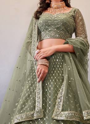 Sage Green Net Silver Zari Embroidered Lehenga Choli Set - Semi Stitched 2