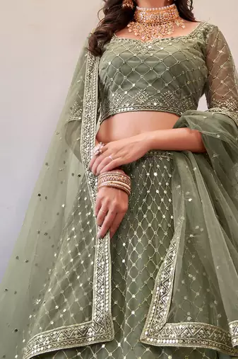 Sage Green Net Silver Zari Embroidered Lehenga Choli Set - Semi Stitched