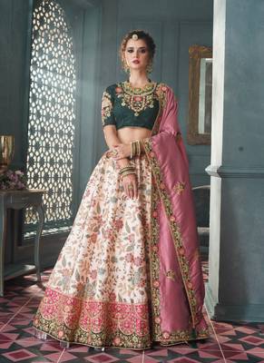 Cream Silk Floral Zari Embroidered Lehenga Choli - Semi-Stitched 1
