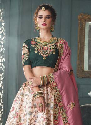 Cream Silk Floral Zari Embroidered Lehenga Choli - Semi-Stitched 2