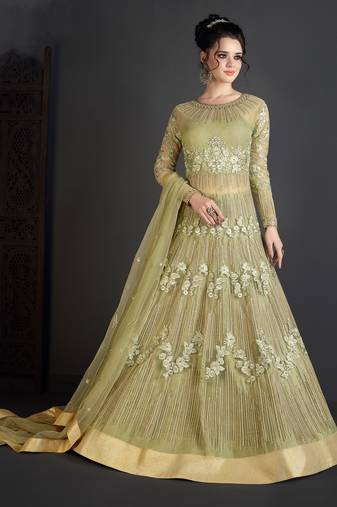 Green Embroidered Net Semi Stitched Anarkali Suit Up To 42" Size