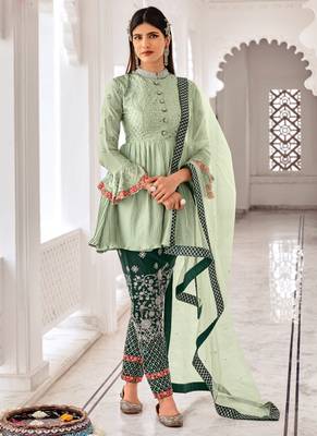 Green Embroidered Chinnon  Anarkali Suit Free size full stitched Up To 42" Size 1