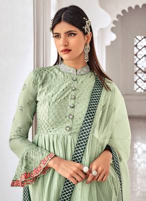 Green Embroidered Chinnon  Anarkali Suit Free size full stitched Up To 42" Size 2