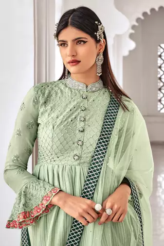 Green Embroidered Chinnon  Anarkali Suit Free size full stitched Up To 42" Size