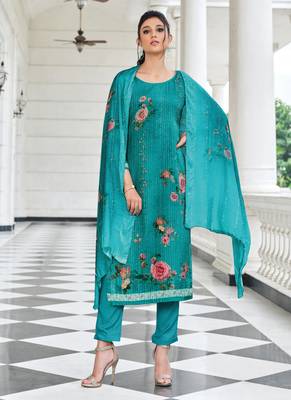Blue Digital Print Muslin Semi Stitched Straight Suit Up To 42" Size 1