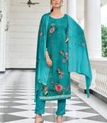 Blue Digital Print Muslin Semi Stitched Straight Suit Up To 42" Size