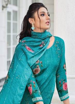 Blue Digital Print Muslin Semi Stitched Straight Suit Up To 42" Size 2