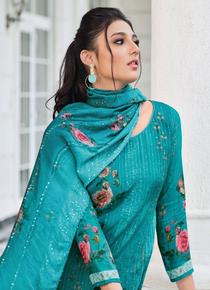 Blue Digital Print Muslin Semi Stitched Straight Suit Up To 42" Size