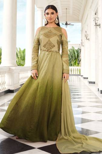 Green Embroidered Art Silk  Anarkali Suit Free size full stitched Up To 42" Size