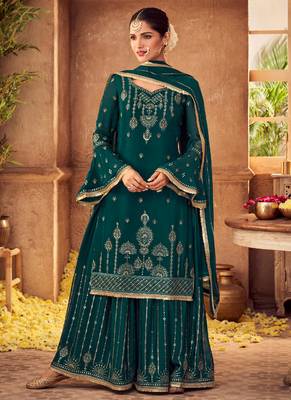 Teal Green Embroidered Chinnon  Straight Suit Free size full stitched Up To 42" Size 1