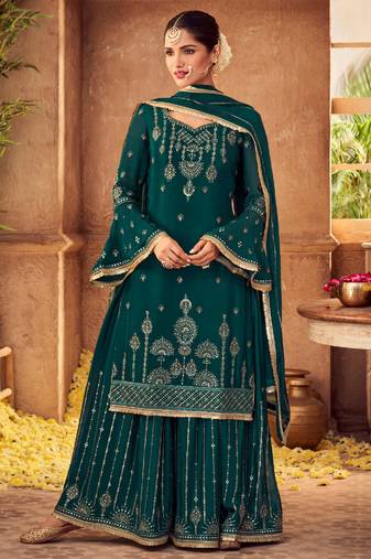 Teal Green Embroidered Chinnon  Straight Suit Free size full stitched Up To 42" Size