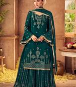 Teal Green Embroidered Chinnon  Straight Suit Free size full stitched Up To 42" Size