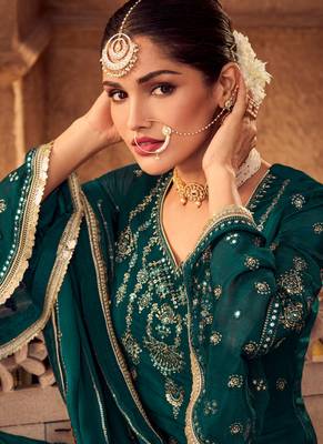 Teal Green Embroidered Chinnon  Straight Suit Free size full stitched Up To 42" Size 2