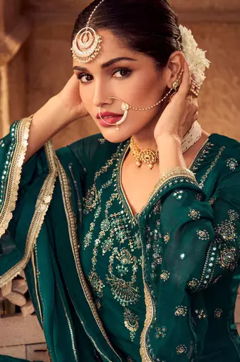 Teal Green Embroidered Chinnon  Straight Suit Free size full stitched Up To 42" Size