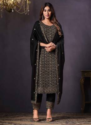 Black Embroidered Georgette Semi Stitched Straight Suit Up To 42" Size 1