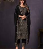 Black Embroidered Georgette Semi Stitched Straight Suit Up To 42" Size