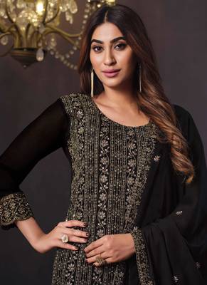 Black Embroidered Georgette Semi Stitched Straight Suit Up To 42" Size 2