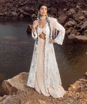 Nude pink pearl work jacket set 2