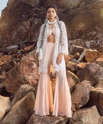 Nude pink hand embroidered pearl work jacket set 1