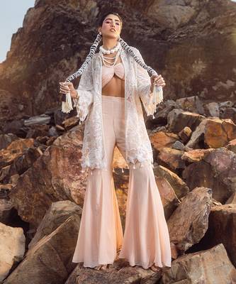 Nude pink hand embroidered pearl work jacket set 2
