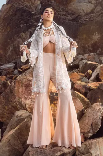 Nude pink hand embroidered pearl work jacket set