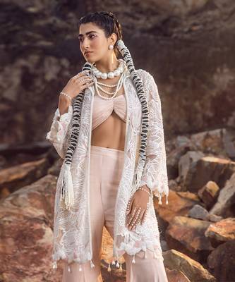 Nude pink hand embroidered pearl work jacket set 3
