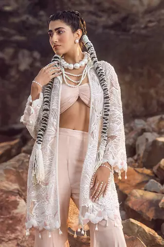 Nude pink hand embroidered pearl work jacket set