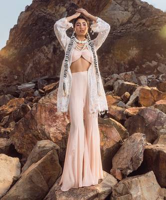 Nude pink hand embroidered pearl work jacket set 4
