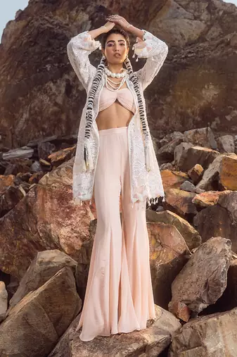 Nude pink hand embroidered pearl work jacket set