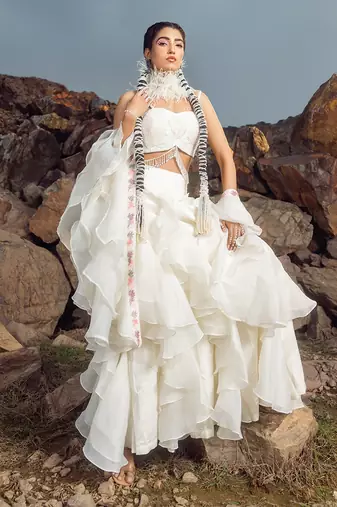 Ivory pearl embroidered layered pant set