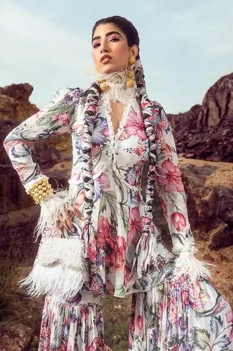 Multi printed peplum top with gharara set