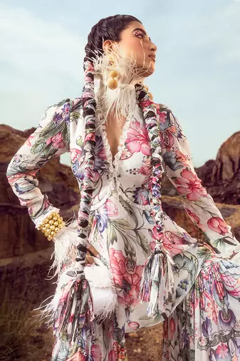 Multi printed peplum top with gharara set