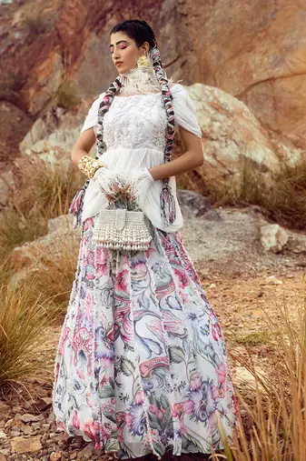 Multi off shoulder peplum top with gathered skirt