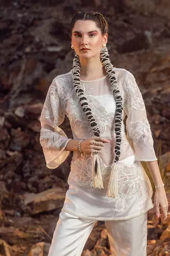 Pearl white embroidered kurta set