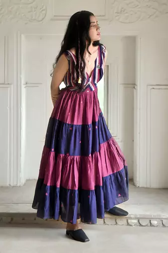 Blue & wine red bloomy dress