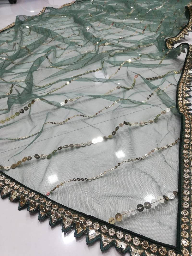  Bottle Green Sequins And Zari Embroidered Faux Georgette Lehenga Choli For Wedding