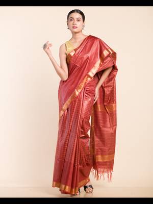 BROWN CHECKED ZARI SILK SAREE 1